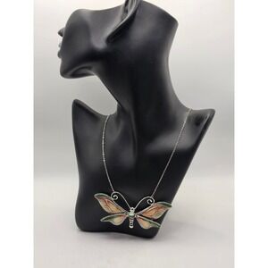 Franz Collection Butterfly Porcelain Pendant Necklace Silver Tone Green Pink 4in